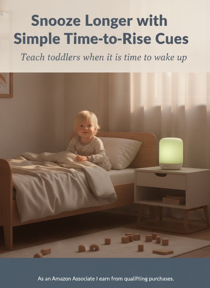 Toddler sitting up in bed next to a glowing Hatch Rest time-to-rise light